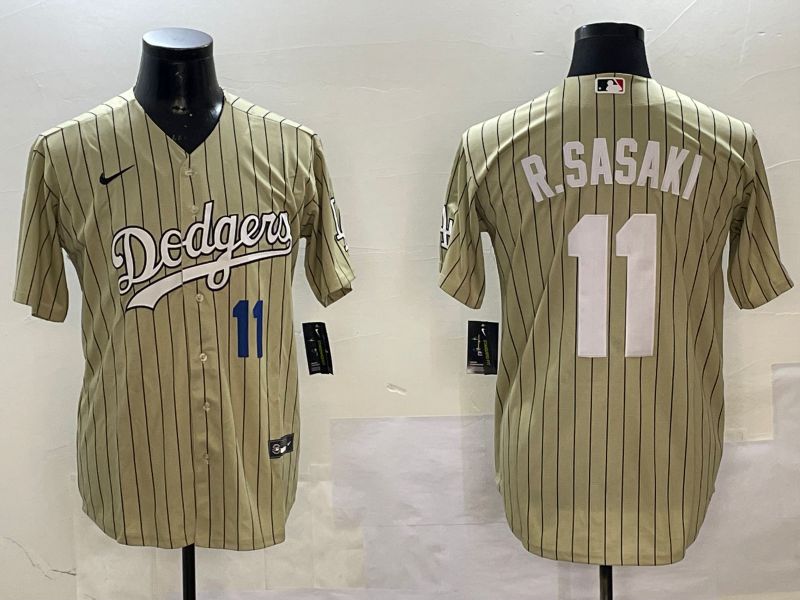 Men Los Angeles Dodgers #11 R.Sasaki Yellow Stripe Fashion Game 2025 Nike MLB Jersey style 2